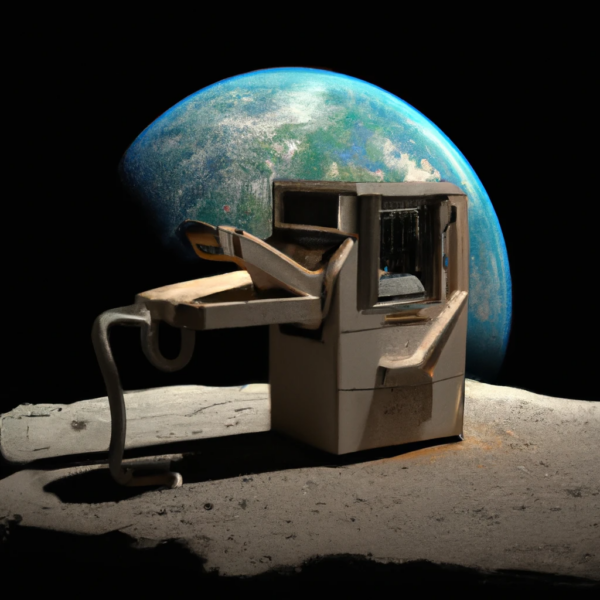 3D Render of Dry Cleaning Machine on The Moon with Earth in Background